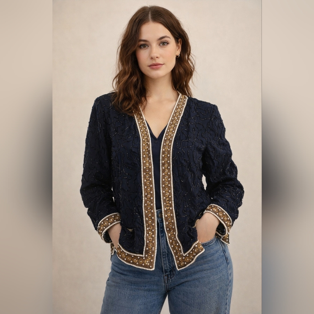 Laurence Kazar New York Beaded Silk Jacket | Pearl Embellished | Vintage XL